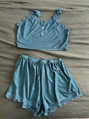 SHEIN Lace-Trim Ribbed Cami & Shorts Set - Teal